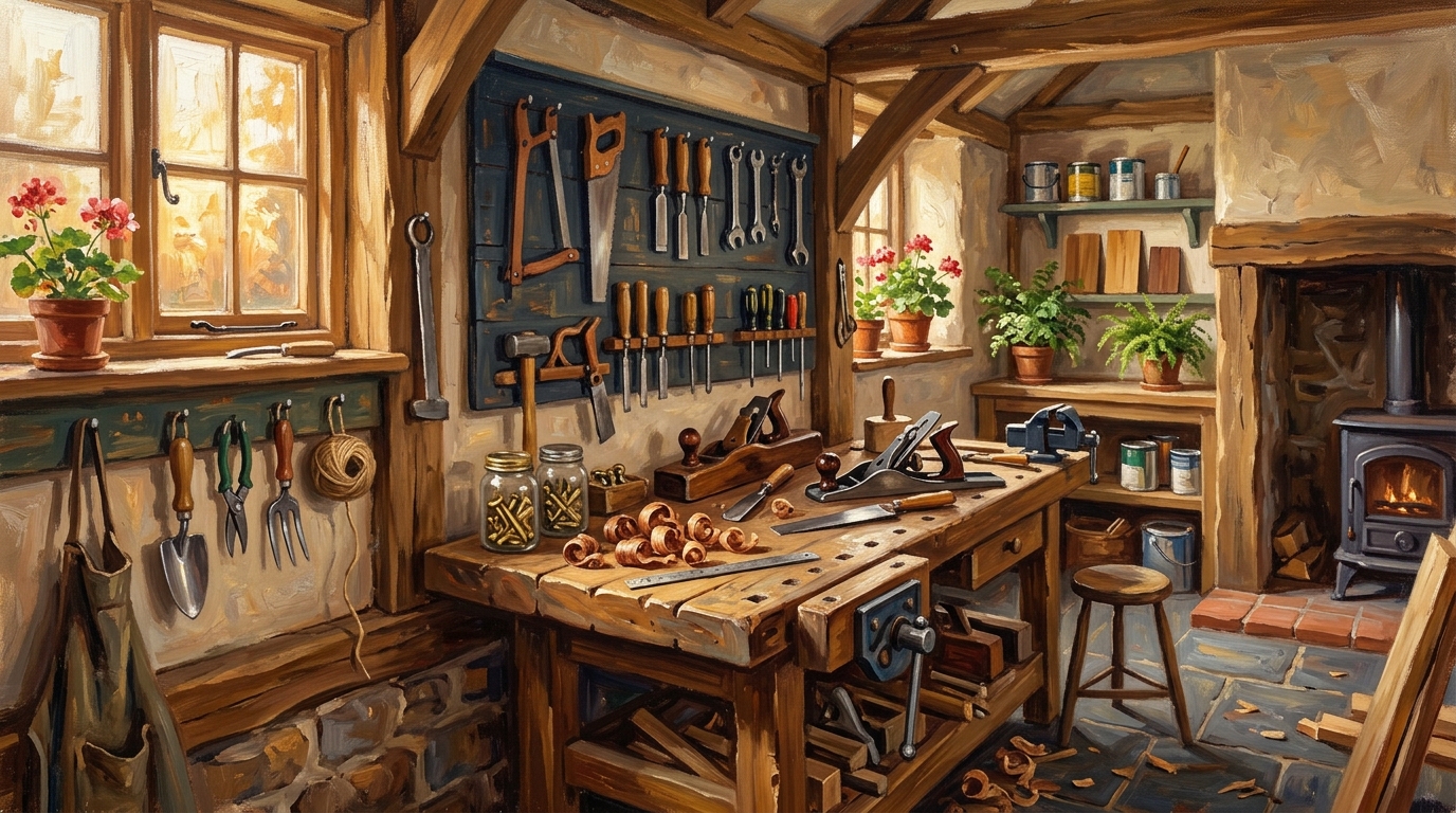 Impressionistic fine art &bull; Traditional domestic woodworking and repair workshop in warm morning light